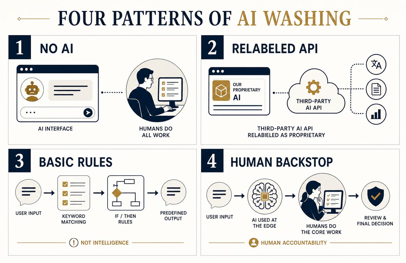 Four common patterns of AI washing: no AI, relabeled APIs, basic rules, and human backstops